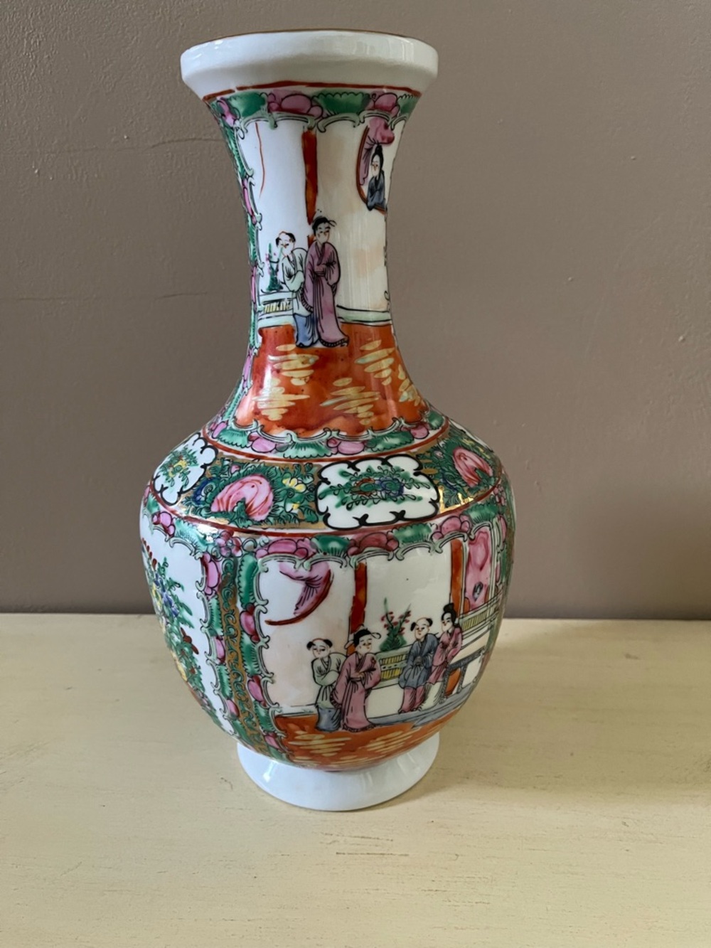 Hand-Painted Rose Medallion Porcelain Vase in Pink and Green